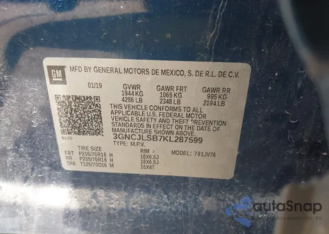 2019 Chevrolet Trax Lt from USA, damaged, VIN 3GNCJLSB7KL287599